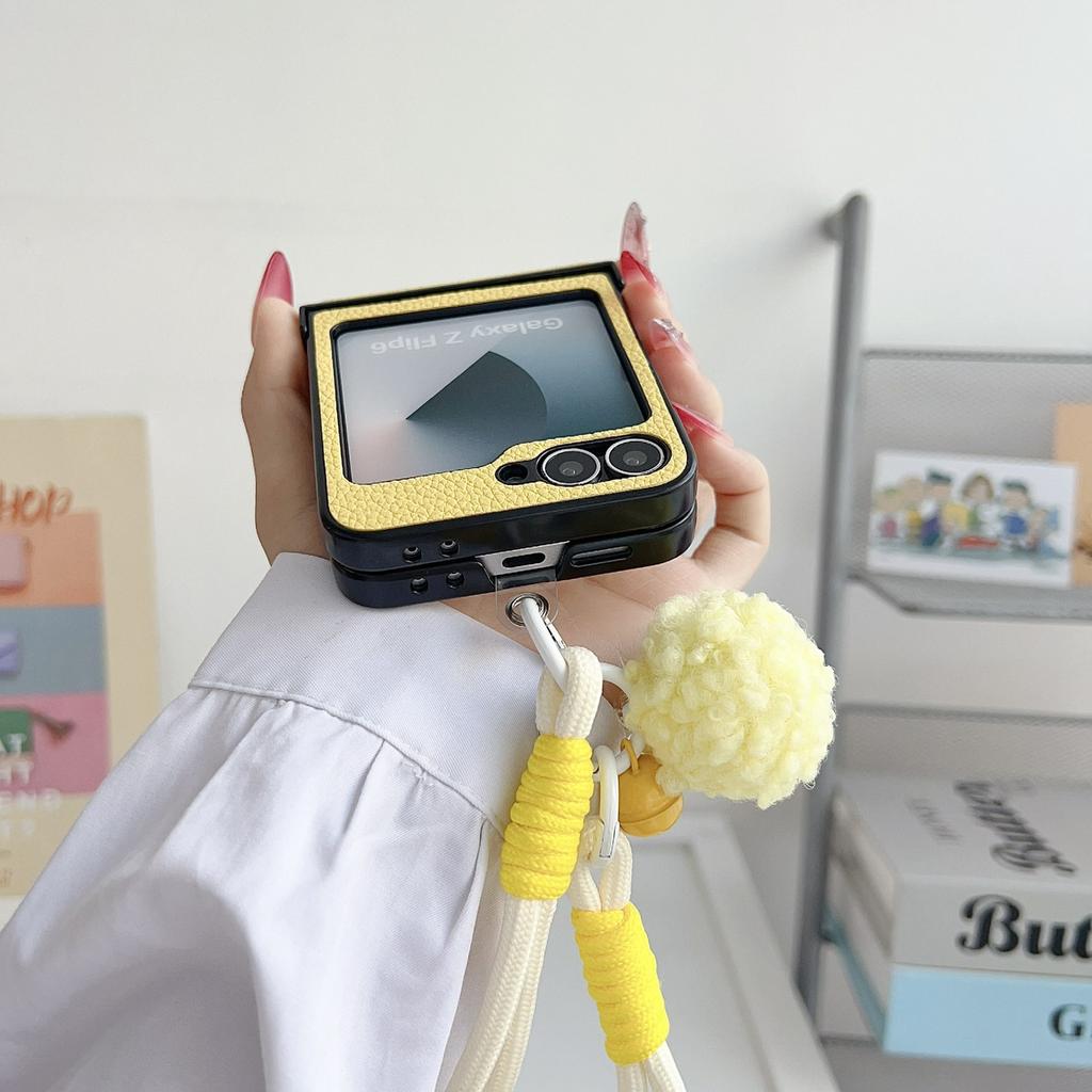 For Samsung Galaxy Z Flip6 5G Case Cute Dog Hinge Protection Litchi Texture Phone Cover with Wrist Strap