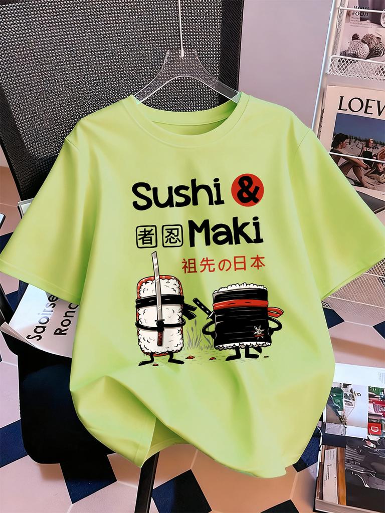 Japanese Sushi Maki Printing TShirts Womens Cotton Summer Short Sleeve Tops Soft Loose ONeck T Shirt Casual Womans Clothes
