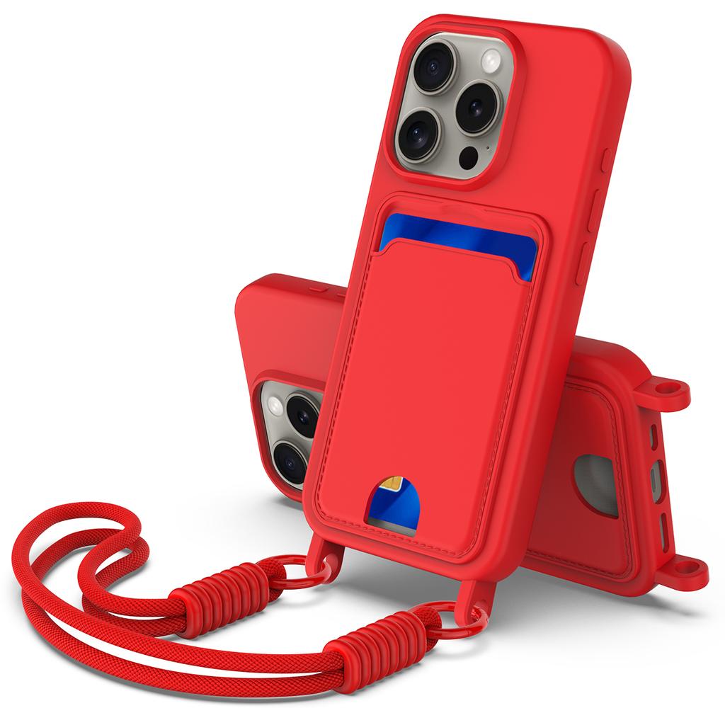 For iPhone 14 Pro Max Liquid Silicone Case Phone Back Cover with Card Holder and Short Strap
