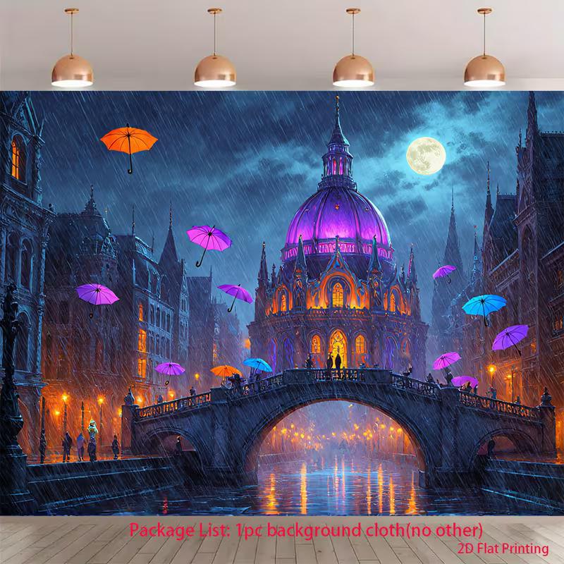 

2D Neon Rainy Night Backdrop, Cathedral with Full Moon, Colorful Umbrellas and Canal Reflections 47.2x31.5inch/120*80cm