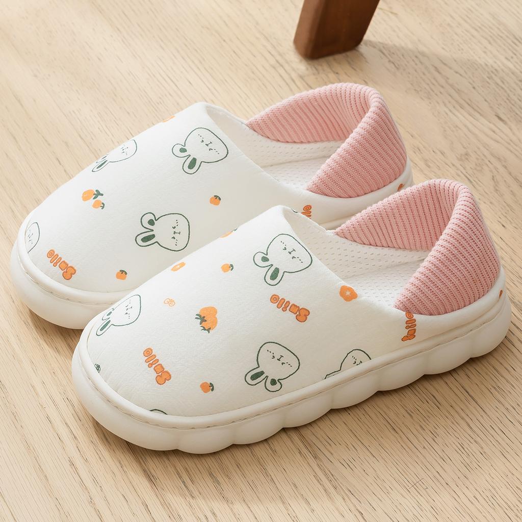 Women Cotton Slippers Plush Warm Flat Slides Breathable Non-slip Slippers