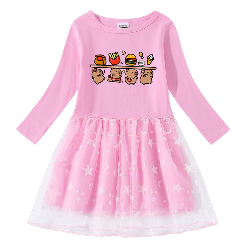 Korean Style Children's Princess Dress with Stars, Rainbow Sequins, Mesh Pleats, Short/Long Sleeves for Spring, Summer, Autumn