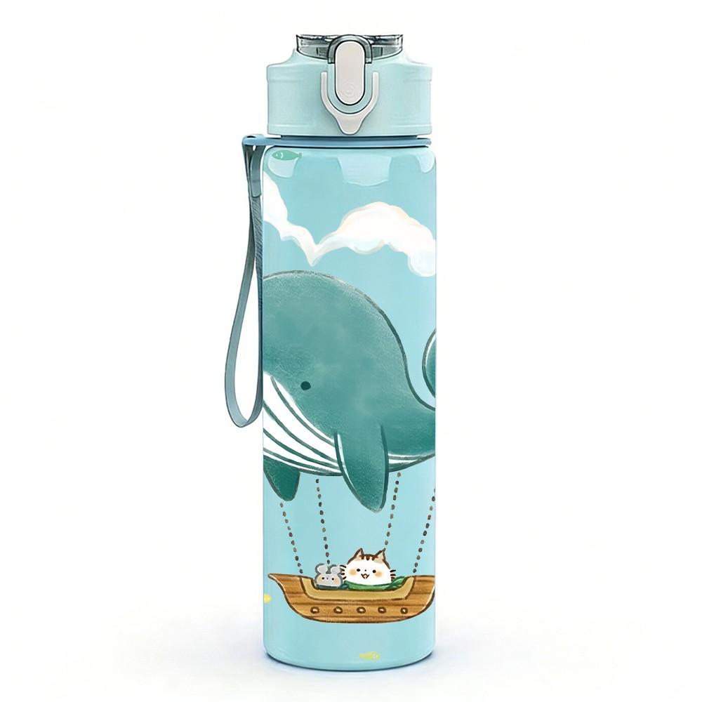 1PC Whale Floating Sky Cartoon Print 750ml Color Plastic Sports Water Bottle Leakproof Flip Straw Lid Suitable for Sports Office Home Use