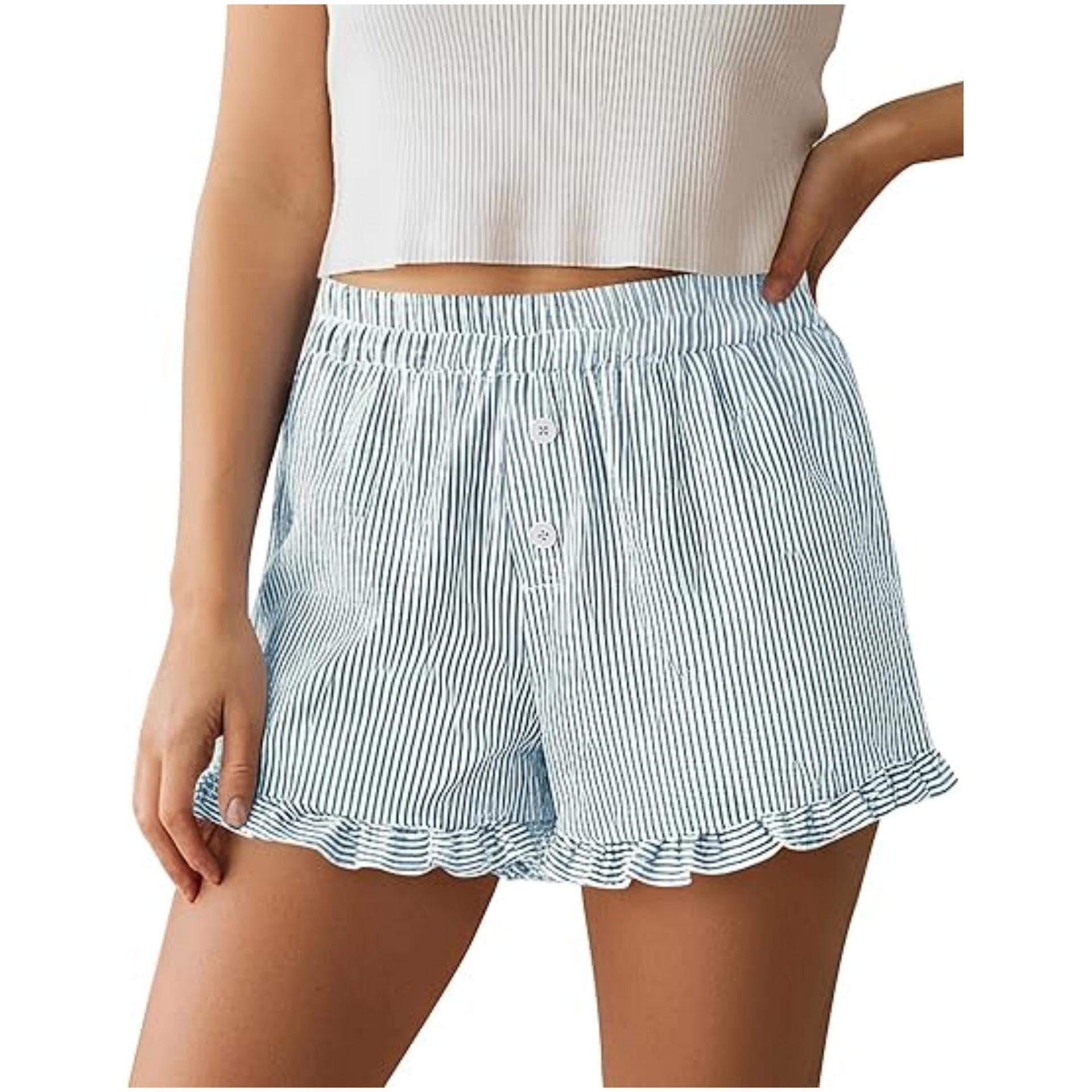 European Women s Striped Pleated Boxer Shorts with Pockets - 2026 Summer Collection L