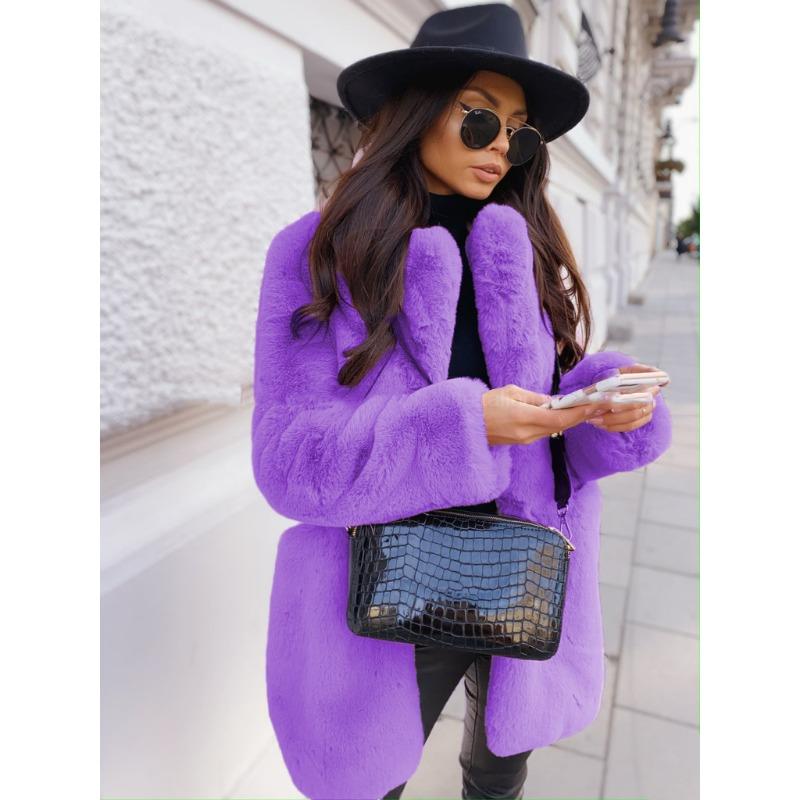 Women's Lapel Mid-Length Faux Fur Coat  Loose Fit Warm Winter Outerwear