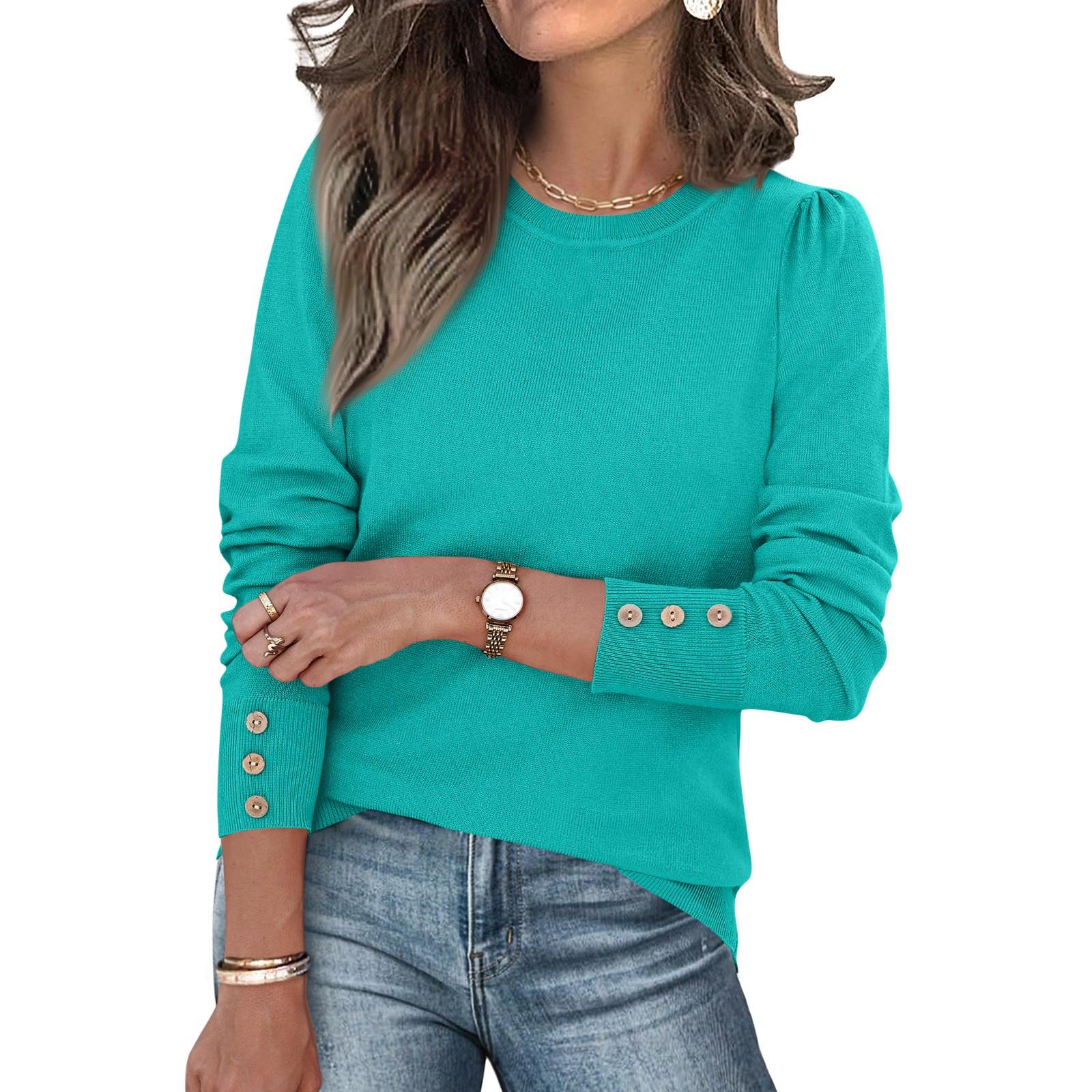 

Жіночий Модний Пуловер з М якого Трикотажу з Довгим Рукавом та Манжетами на Ґудзиках, Трендові Топи Однотонного Кольору S