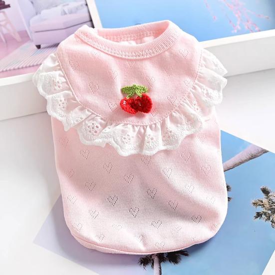 Pet Sleeveless Shirt Spring Summer Lace Ruffle Embroidery Cherry Small Breed Dogs Cats Clothes Breathable Pet Costume Outfit Apparel