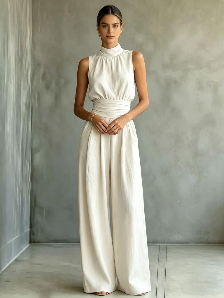 Europa e America estate 2026 tuta senza maniche con collo semi-alto a gamba larga da donna tinta unita casual moda pantaloni