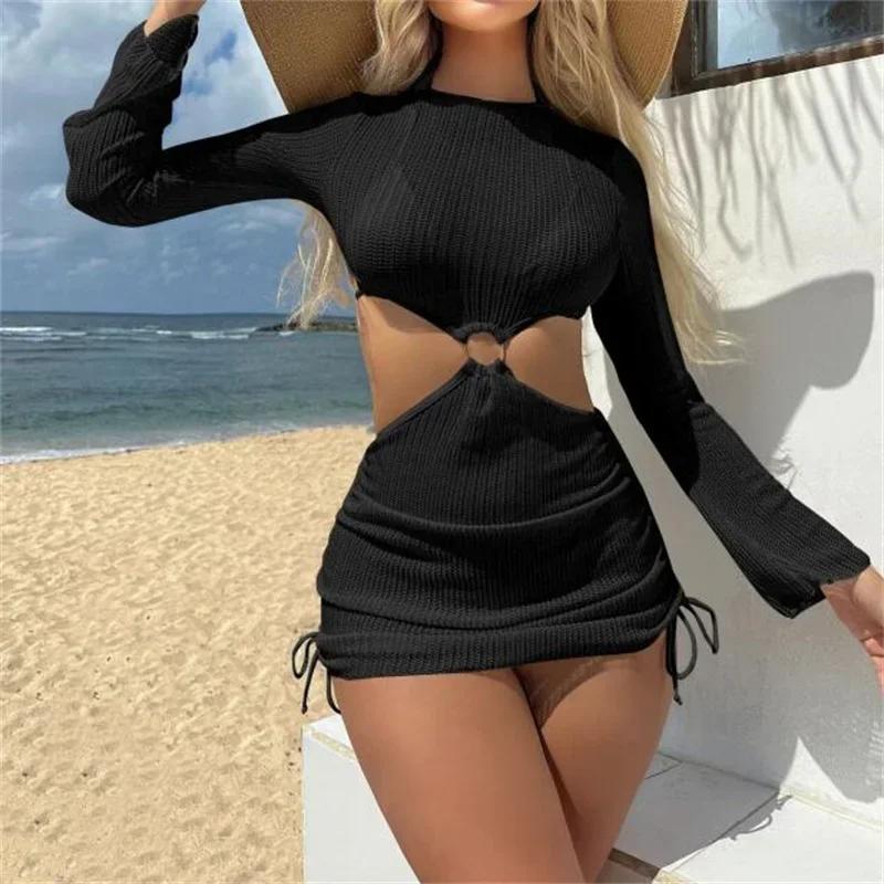 3 Pieces Hand Crochet Bikini Set 2026 Women Black White Cut Out Long Sleeve Cover Up Swimsuit Beach Bathing Suit Thong Swimwear