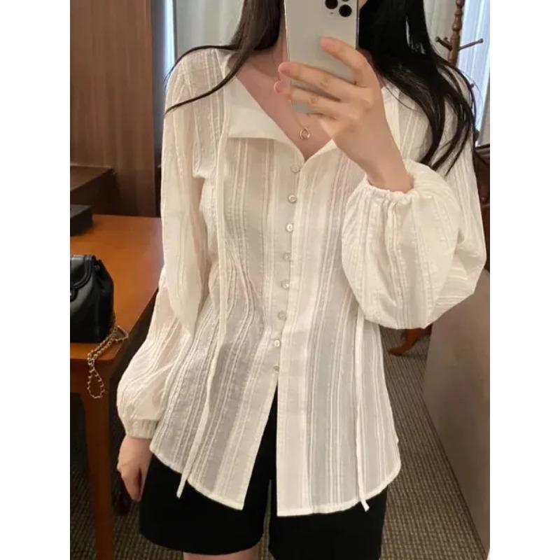 Korean Series Chic Chic Top Women Autumn French Sle Gentle Sweet Temperament Lapel Lace-up Waist Hugging Slimming Long Sleeve