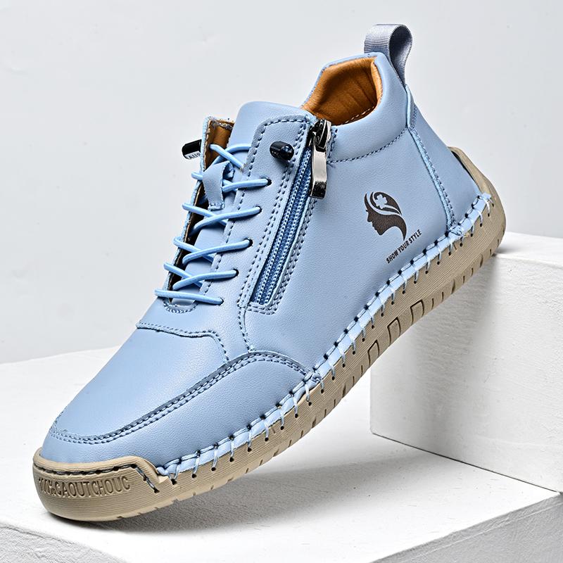 

Женские кроссовки с круглым носком, кожаная обувь, модные повседневные однотонные ботинки на молнии 40 синий