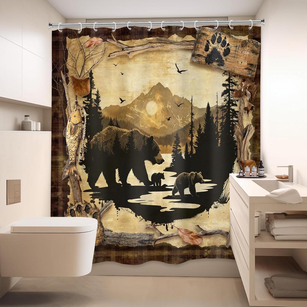 Rustic Bear Cabin Shower Curtain, Western Lodge Mountain Animal Design, Waterproof Polyester With Hooks