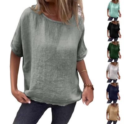 Women's New Round Neck Mid-Length Sleeve Cotton Linen Loose T-Shirt Top
