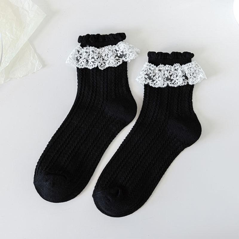 JK Girl Ruffle Lace Trim Cotton Ankle Socks Jacquard Knit Frilly Socks for Women