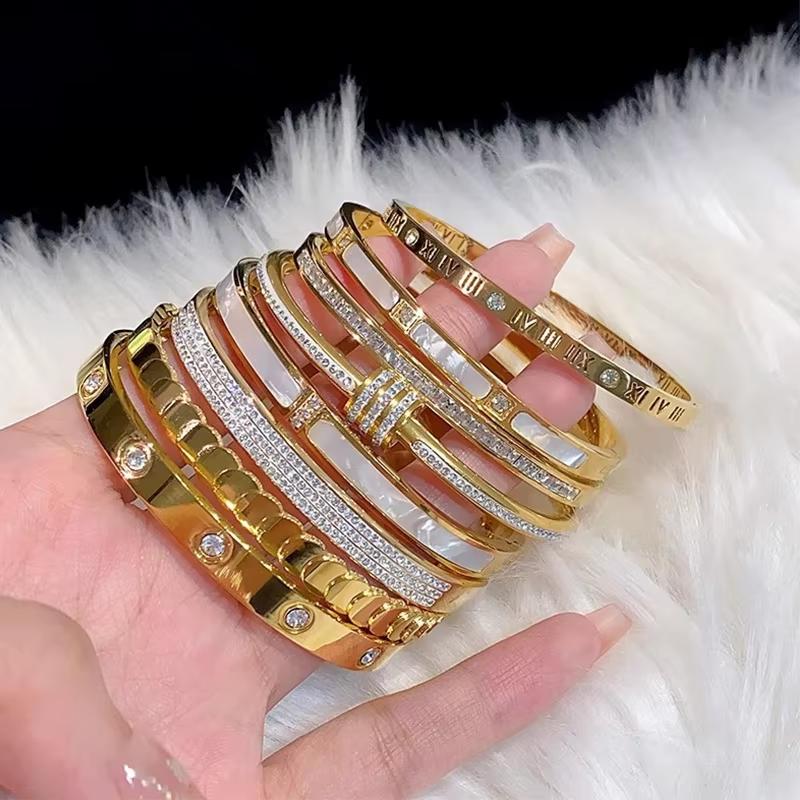 Trendy Stackable Gold Plated Bangles for Women Stainless Steel CZ Crystal Bracelet Luxury Fashion Accessories Mother's Day Gift