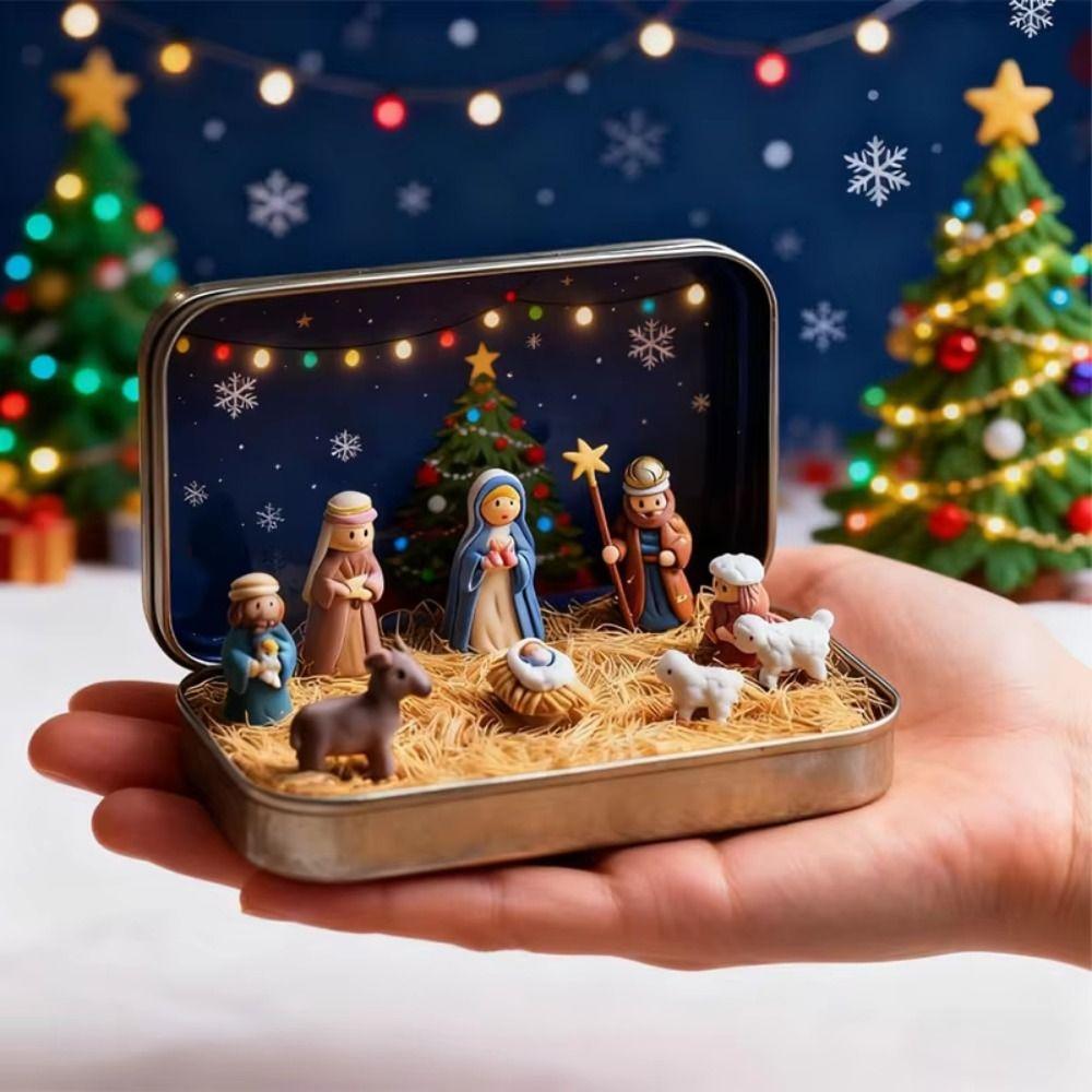 PVC Weihnachtskrippe Mini Größe Blechdose Verpackung Krippenfiguren Set Pferdetrog Design Miniatur Szene Figur