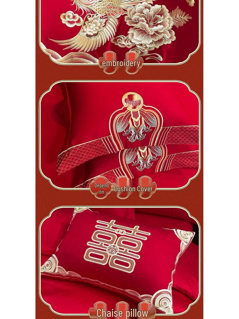 G5Z Κινεζικού Στυλ Κεντητό Κόκκινο Σετ Κλινοσκεπασμάτων Γάμου - Εορταστικό Τετραπλό Σετ με Παπλωματοκάλυμμα για Νιόπαντρα