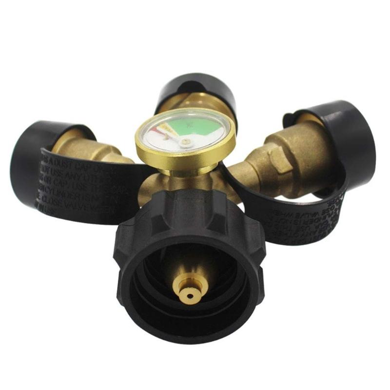 3 Way Propane Tank Y Splitters Adapter Brass Construction With Pressure Gauge Safety Shut Off Valves For Multiple Appliance Connection