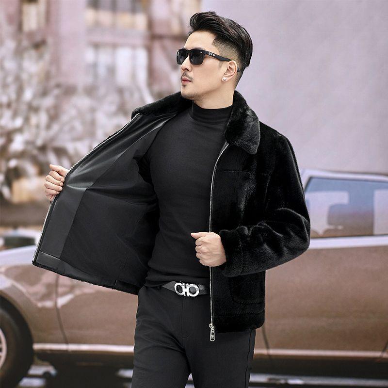 Casaco Quente de Inverno, Jaqueta de Pele Haining, Casaco de Veludo Mink com Escultura de Água, Casaco para Homens de Meia-idade com Lapelas Espessas