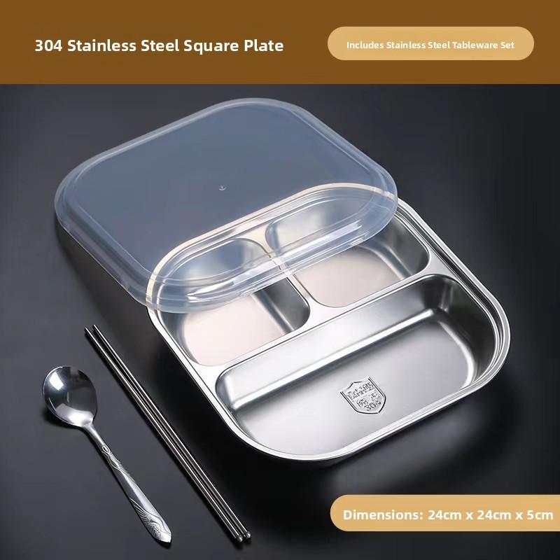 304 Food Grade Stainless Steel Meal Plate Divided with Lid Adult Three Compartment Lunch Box School Student Fast Food Plate