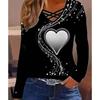 Fall Women's Casual Long Sleeve Top, Heart Print V-Neck Blouse for Women, European & American Crossbody Style