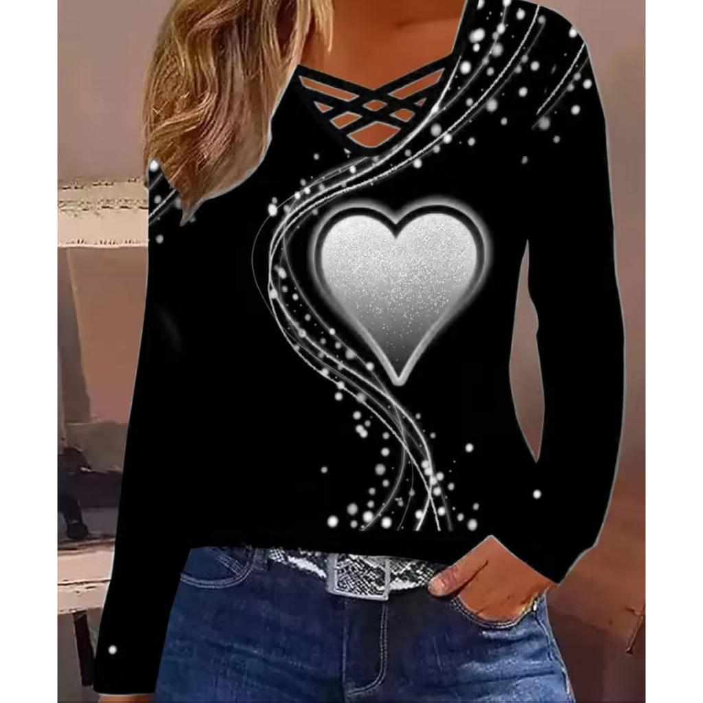 Fall Women's Casual Long Sleeve Top, Heart Print V-Neck Blouse for Women, European & American Crossbody Style