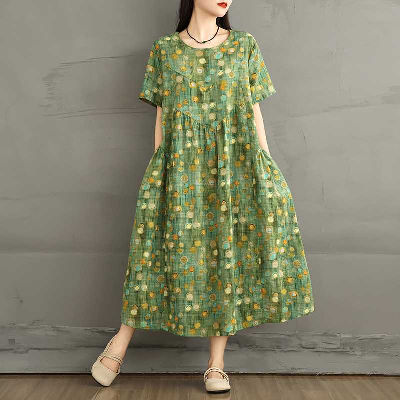 Summer Retro Cotton and Linen Round Neck Short Sleeved Dress, Women's Loose Skirt