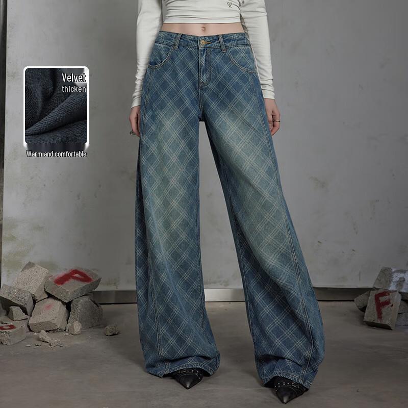 

UNIFREE Fleece-Lined Diamond Pattern Loose Wide-Leg Banana Jeans L