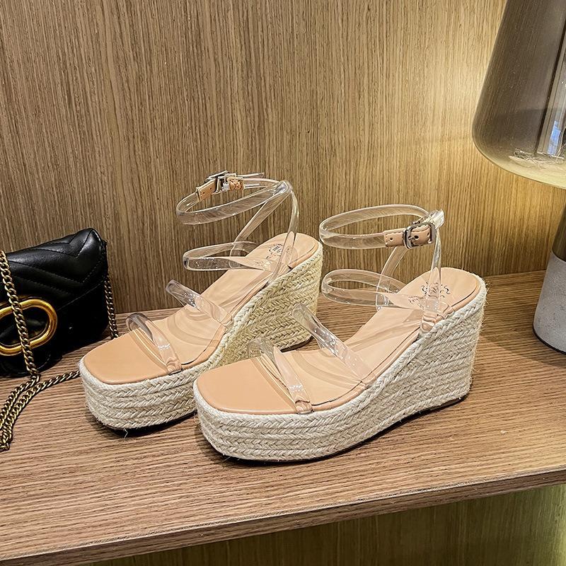 

Fashion Transparent One-Line Buckle With Wedge Sandals Women S Summer New Hemp Rope Inside Increase Waterproof Platform High Heels 39 чистый