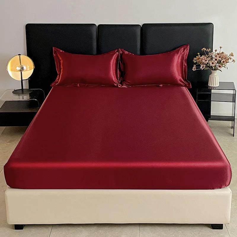 3PCS/1 Set Luxury Satin Fitted Sheet Set Satin Elastic  Silk Bed Cover Sheet Solid Mattress Cover 1 Bed Sheet with 2 Pillow Cover