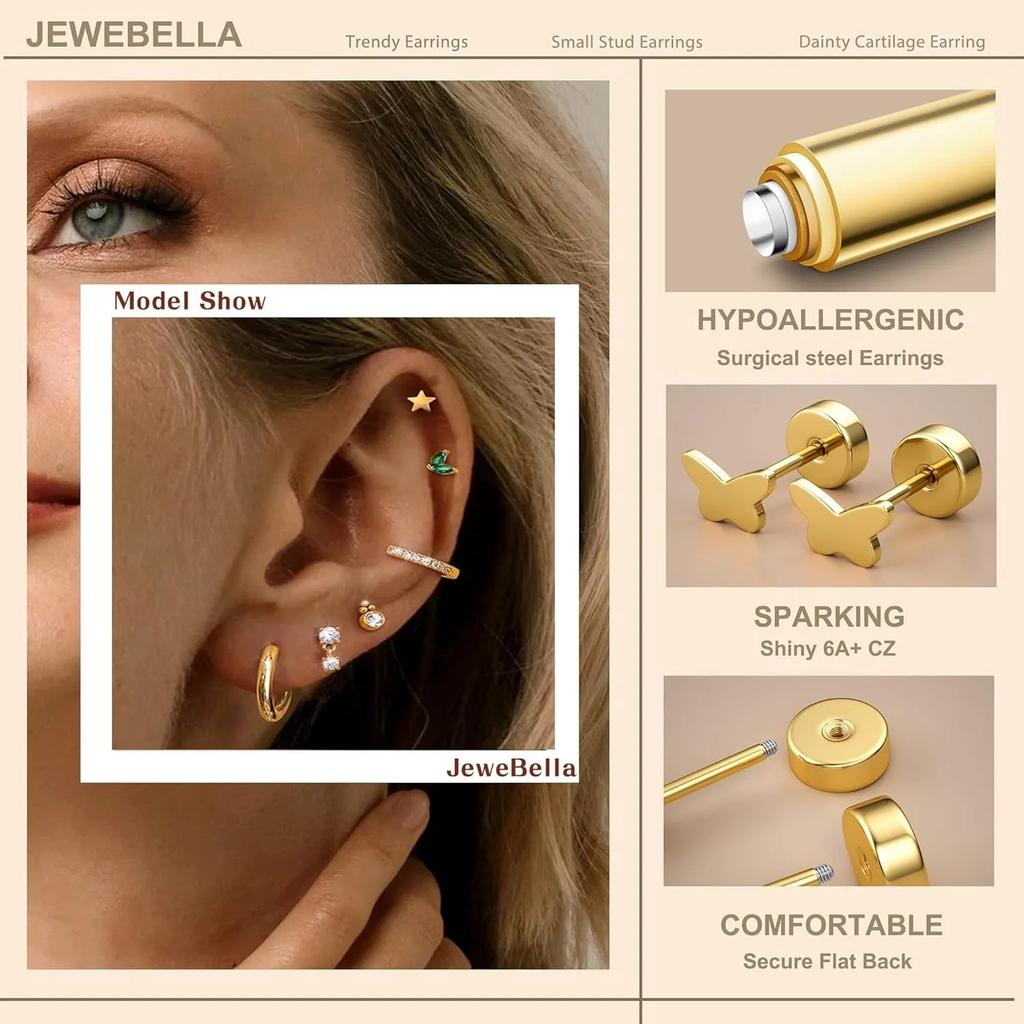 Bobisty 21 STK Flache Ohrstecker für Damen Chirurgenstahl Ohrringe 14K Vergoldet Stecker Creolen Stapelbar Knorpel Helix Piercing St
