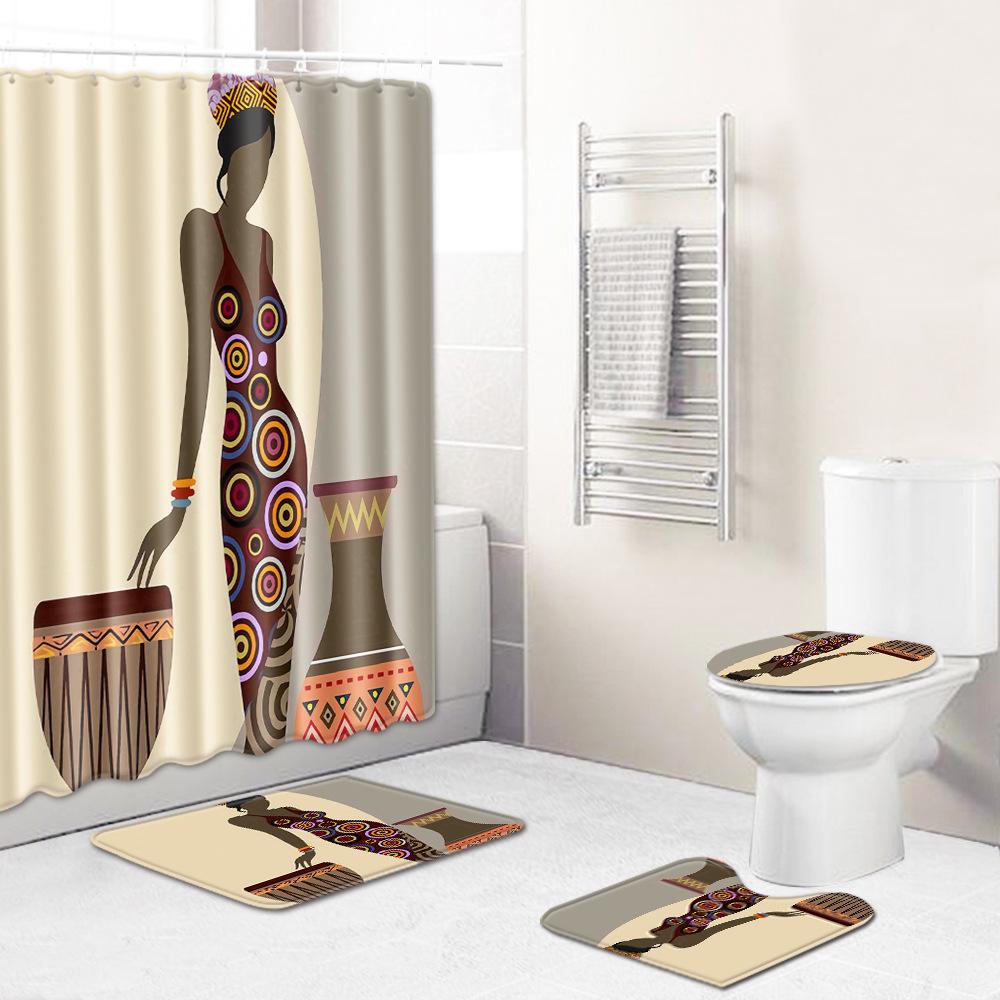 Shower Curtain Floor Mat Set African Woman E-Commerce Bathroom Carpet