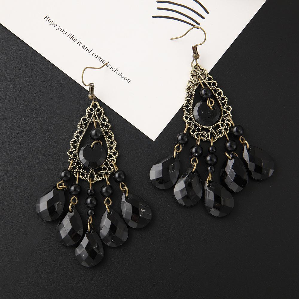 Peacock Feathers Shape Drop Earrings for Women Bohemian Trendy Black Acrylic Metal Long Tassel Dangle Earrings Retro Jewelry