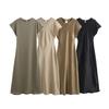 Women's Round Neck Cap Sleeve Midi Dress Straight Fit Mid Waist Solid Satin Casual Dress