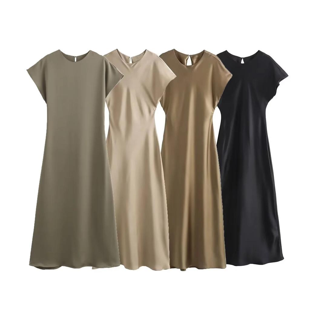 Women's Round Neck Cap Sleeve Midi Dress Straight Fit Mid Waist Solid Satin Casual Dress