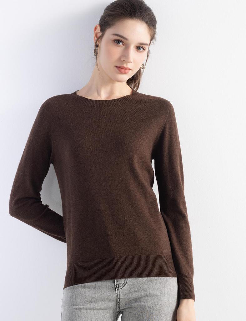 Women's Solid Color Wool Pullover Sweater - Round Neck, Long Sleeve, Versatile Base Layer Knitwear
