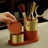 Copper Ebony Wood Tea Ceremony Set 6 Tools Teacup Mat Caddy Tongs Brush Holder Gongfu