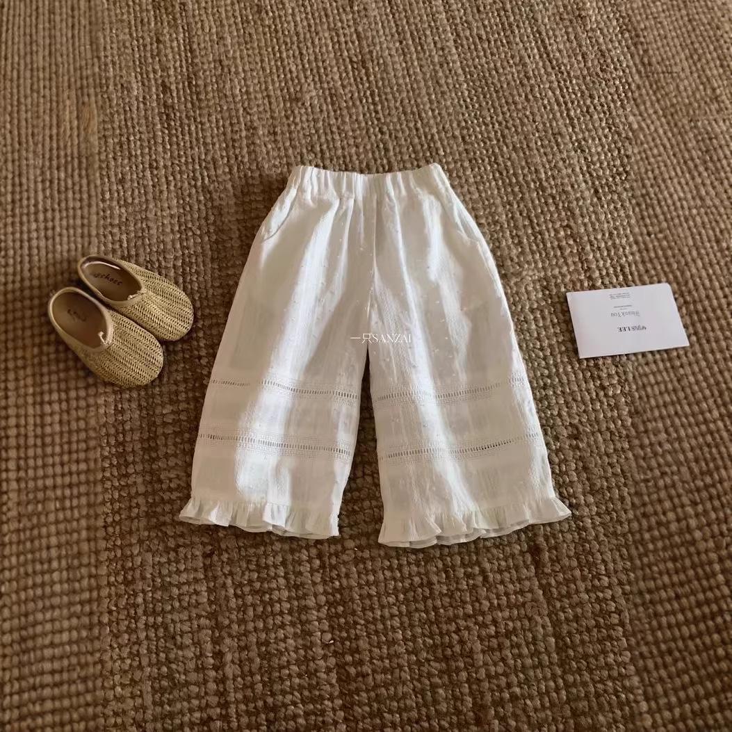 2026 Girls Korean Style Lace Wide-Leg Summer Pants - Casual, Stylish, White. 130 cm белый
