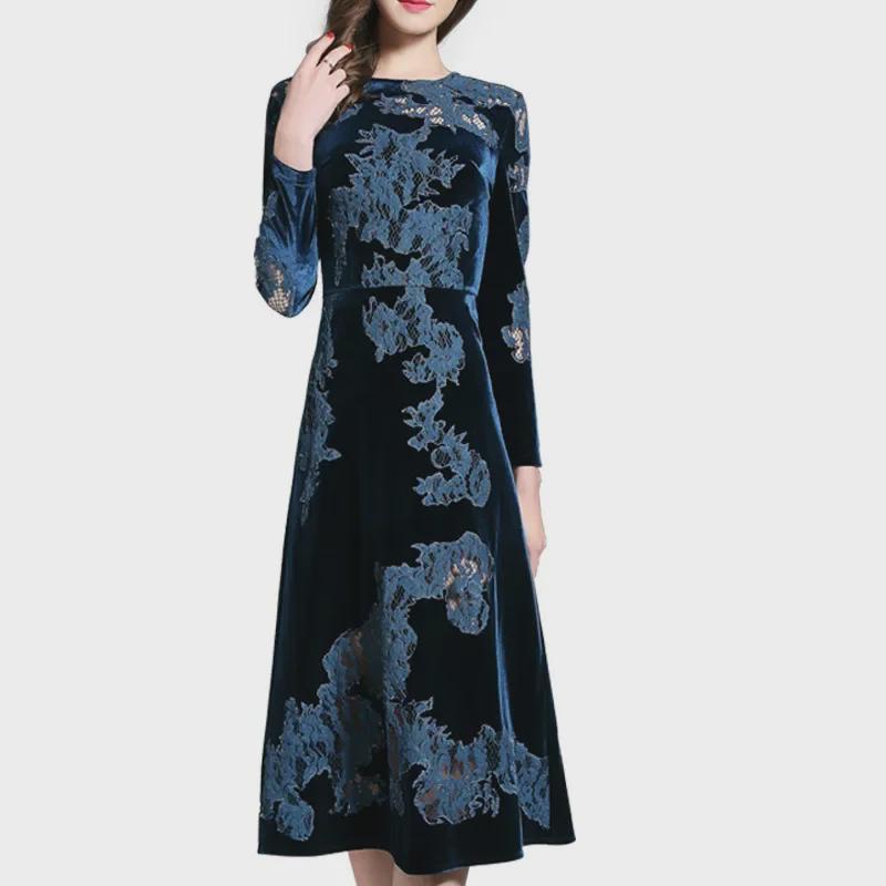 Damska sukienka midi z haftem z złotego aksamitu - Styl koreański