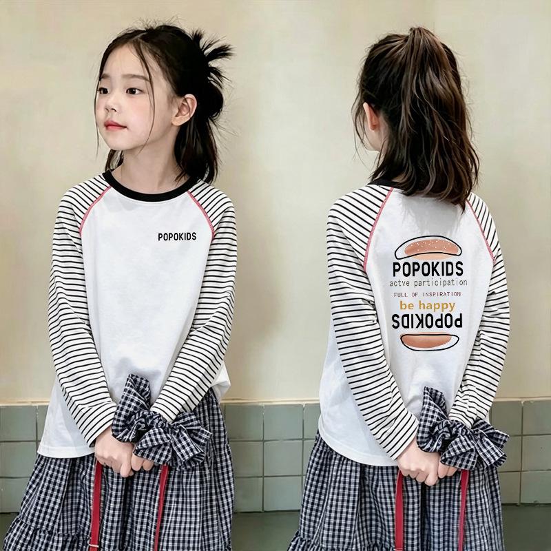 Girls' Trendy Color Block Striped Long Sleeve Cotton T-Shirt for Spring and Autumn
