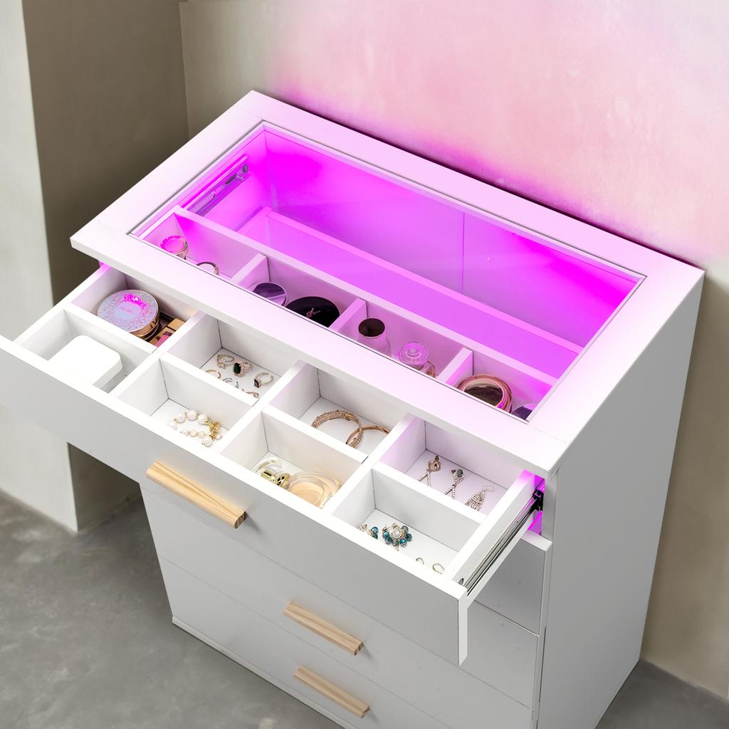 White 5-Drawer Dresser Fabric Storage Tower for Bedroom, Hallway, Closet, Bedroom Tempered Glass with RGB Light Drawer Cabinet
