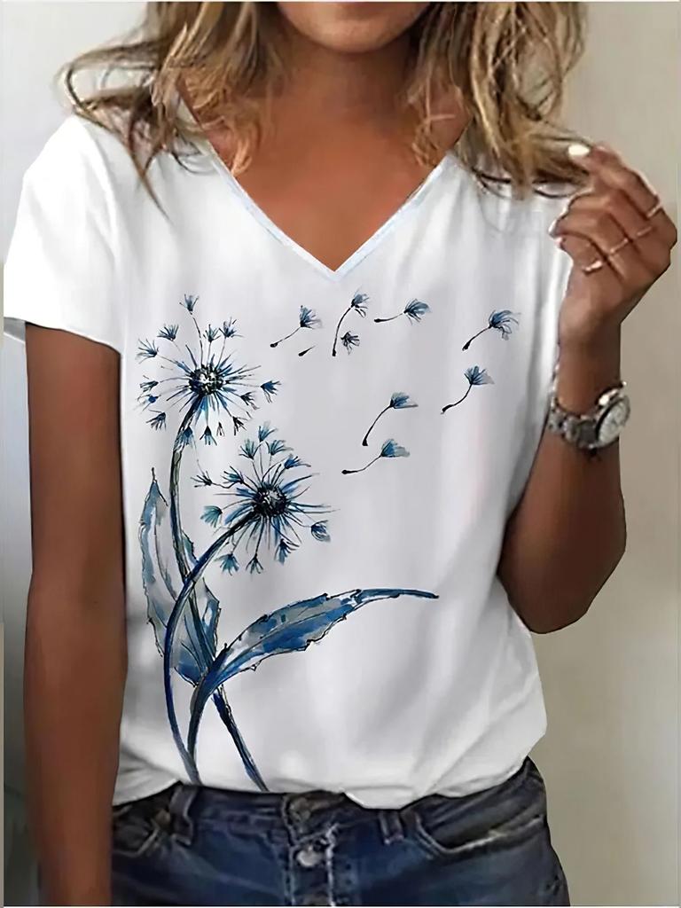 New Women's T-shirt Simple Graphic Printing Women's Clothing Fashion Short-sleeved Shirt Women's V-neck Shirt 2025