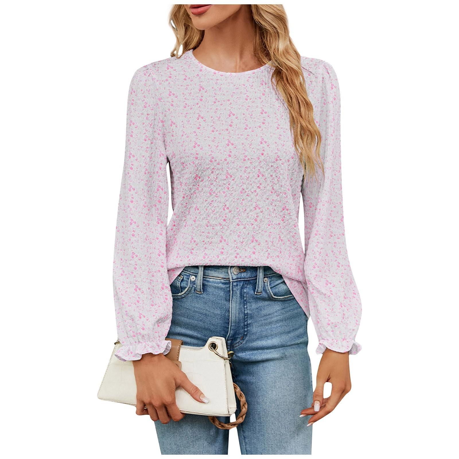 

Женский модный сексуальный удобный маленький пуловер с круглым вырезом и цветочным принтом, топ с длинными рукавами для отпуска и отдыха XL розовый