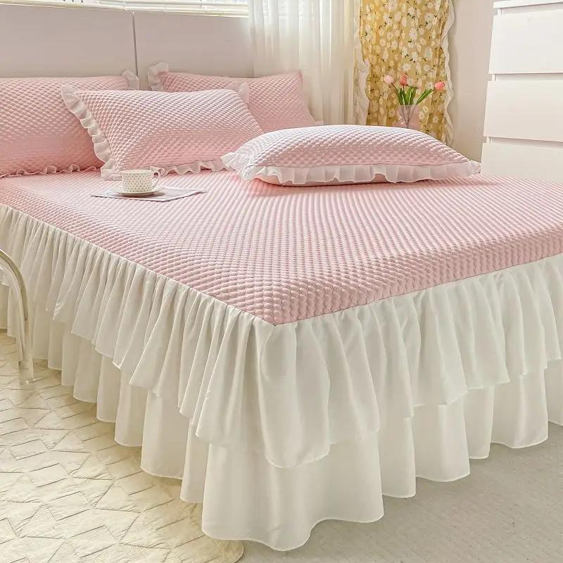 

Summer New Bean Ice Silk Cold Mat 2pcs Set Bed Skirt Princess Machine Washable Non Slip Soft Mat for Weather 120x200cm 2pcs