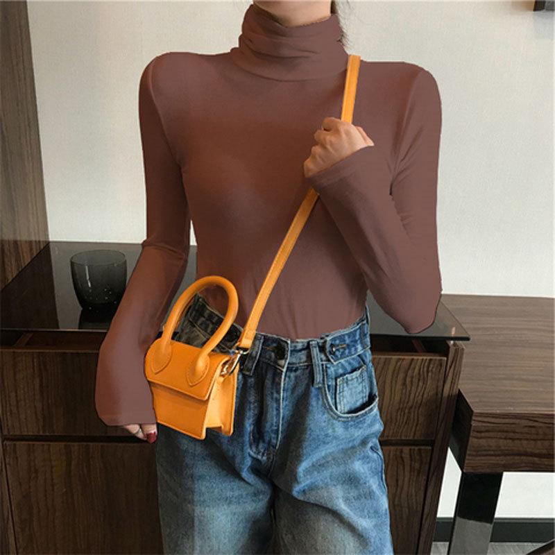 Women's Slim Fit Fleece High Neck T-Shirt - Korean Style Casual Long Sleeve Warm Top for Autumn and Winter 2025