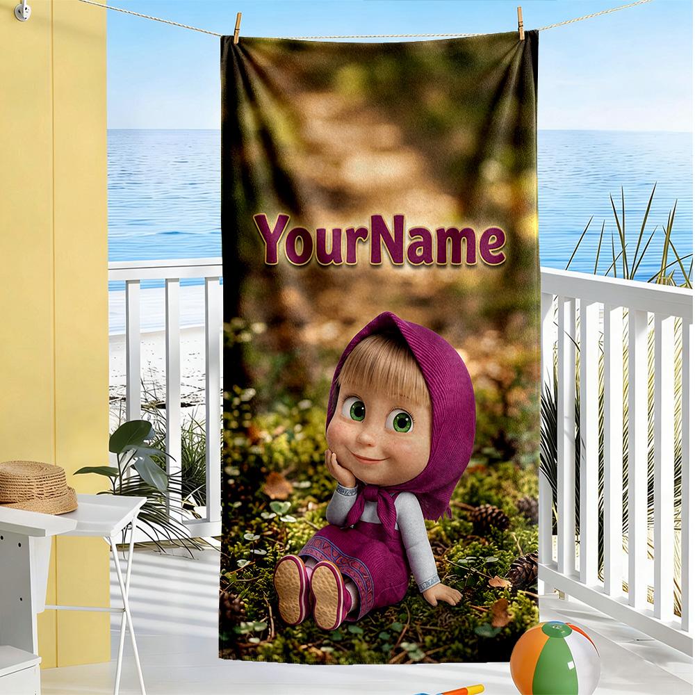 Masha Bear Personalized Name Beach Towel Super Soft Microfiber Quickdry Fabric Perfect for Traveling Yoga Camping and Swimming