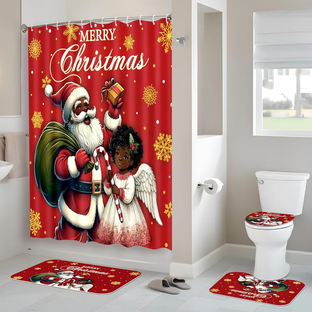 4Pcs Christmas Shower Curtain Bathroom Set Black Santa Claus Girl Non Slip Rugs Toilet Lid Cover Bath Mat with 12 Hooks Xmas Decorations