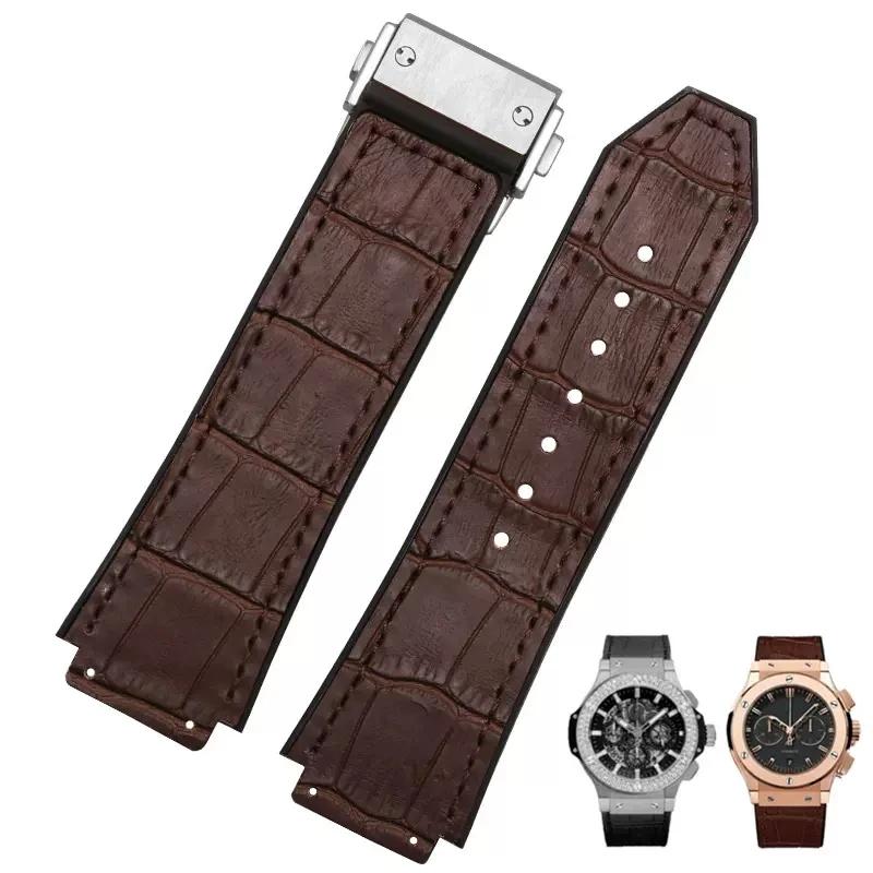 26X19mm Real Cow Leather Rubber Watchband for HUBLOT Classic Fusion Universe Big Bang Series Men belt Watch band butterfly Buckl