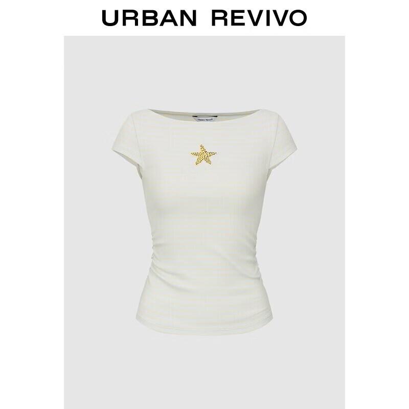 UR Women s Casual Starfish Embroidered Striped Pleated T-Shirt M