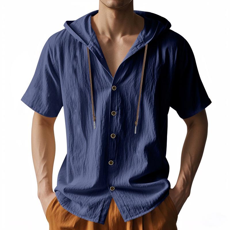 Men's Solid-color Casual Short-sleeved Shirt with A Hooded Drawstring Cotton Cardigan Is Trendy, Versatile and Loose